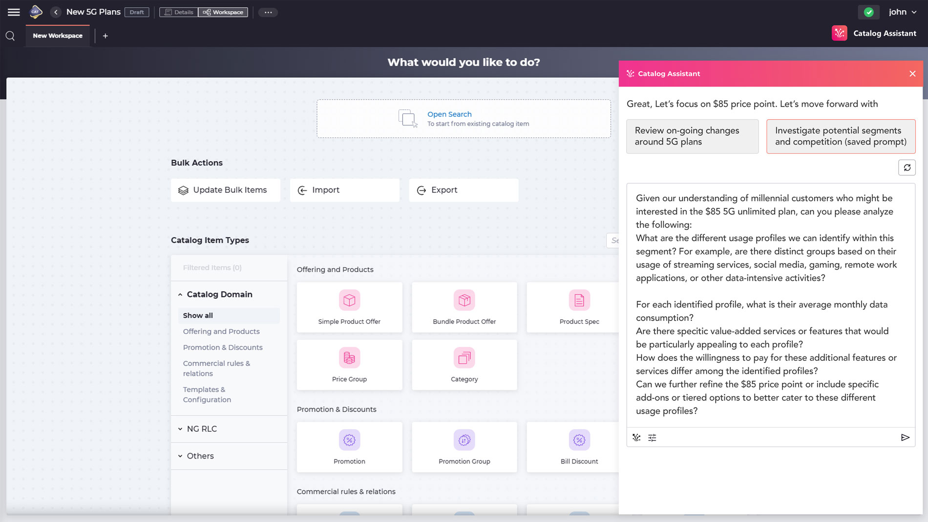 The AI-assisted engagement approach in the Amdocs Catalog  supporting a creation of a new offer in the catalog