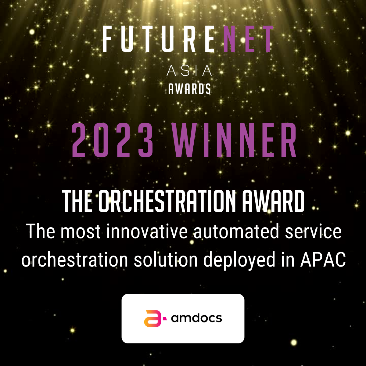 Winner - FutureNet Asia Orchestration Award for the most innovative automated service orchestration solution deployed in APAC