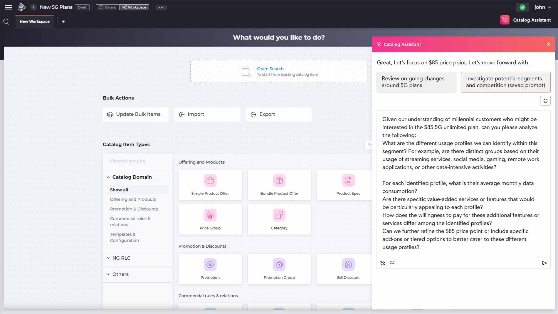 The AI-assisted engagement approach in the Amdocs Catalog  supporting a creation of a new offer in the catalog